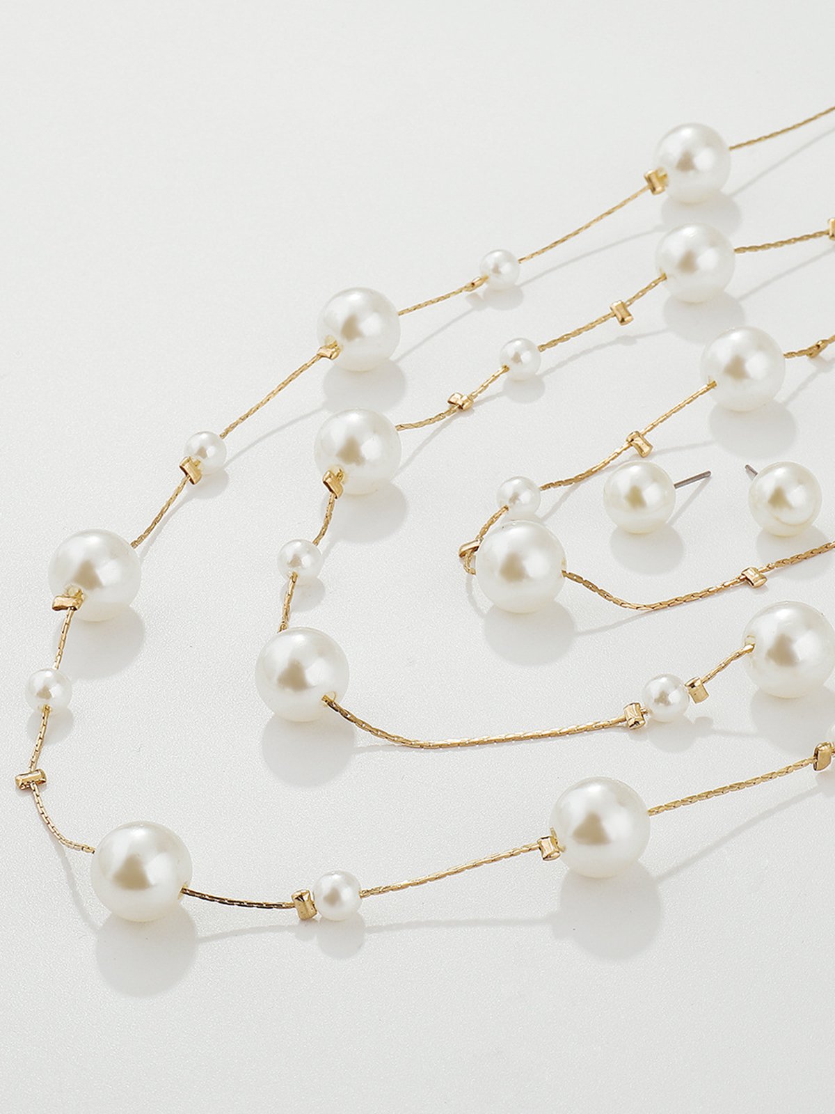 Elegant Imitation Pearl Multilayer Necklaces with Stud Earrings Jewelry Set