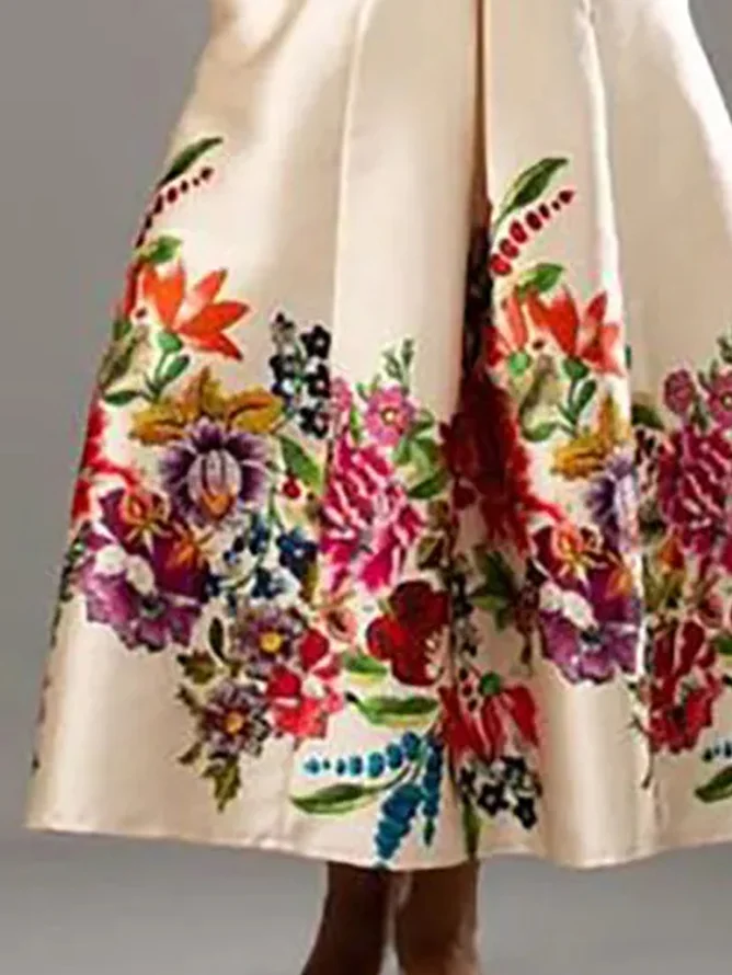 Plus Size Notched Regular Fit Elegant Floral Midi Dress
