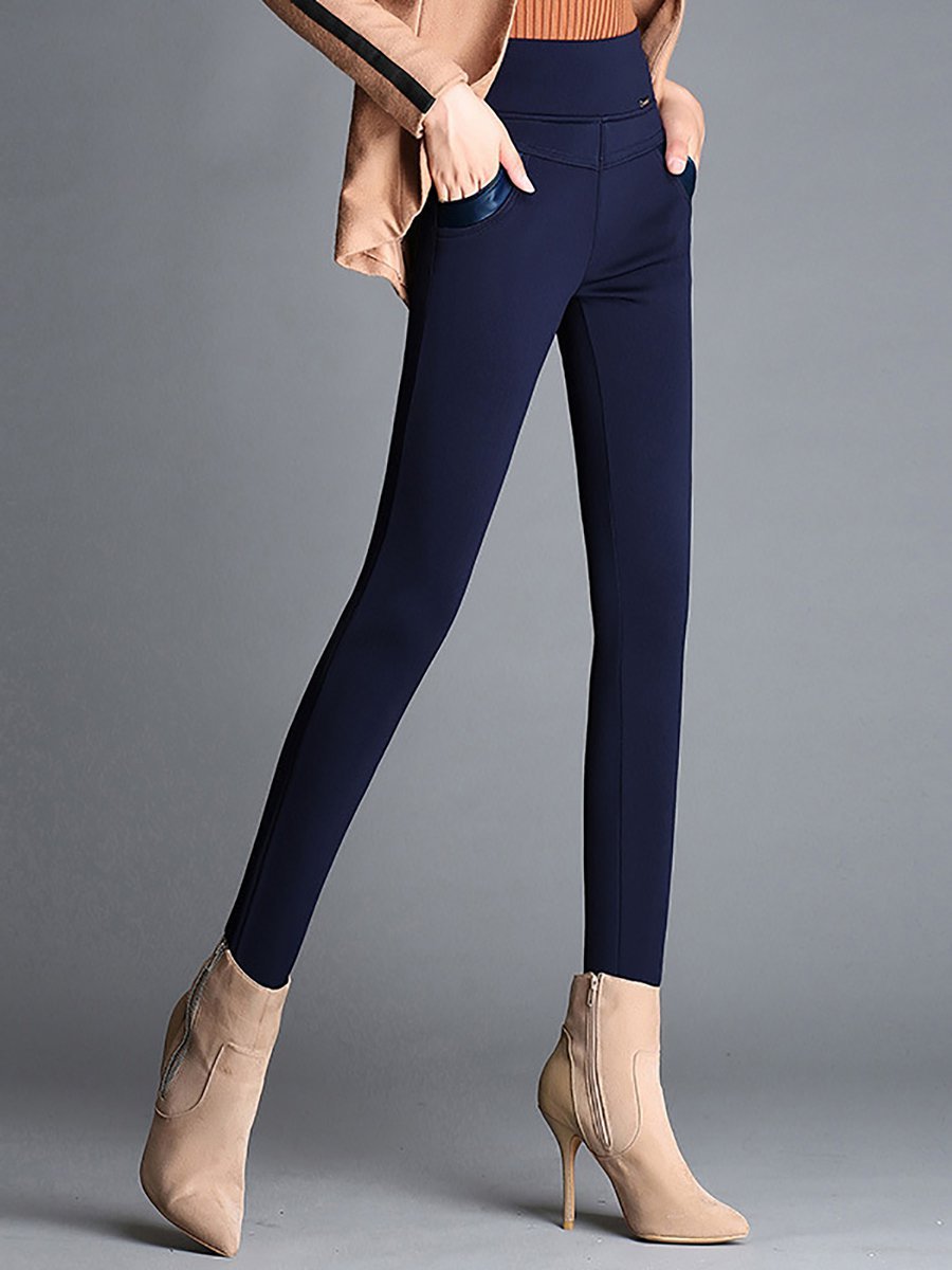 Stylewe Solid Women Skinny Leg Pants For Work Casual Wool Navy Blue ...