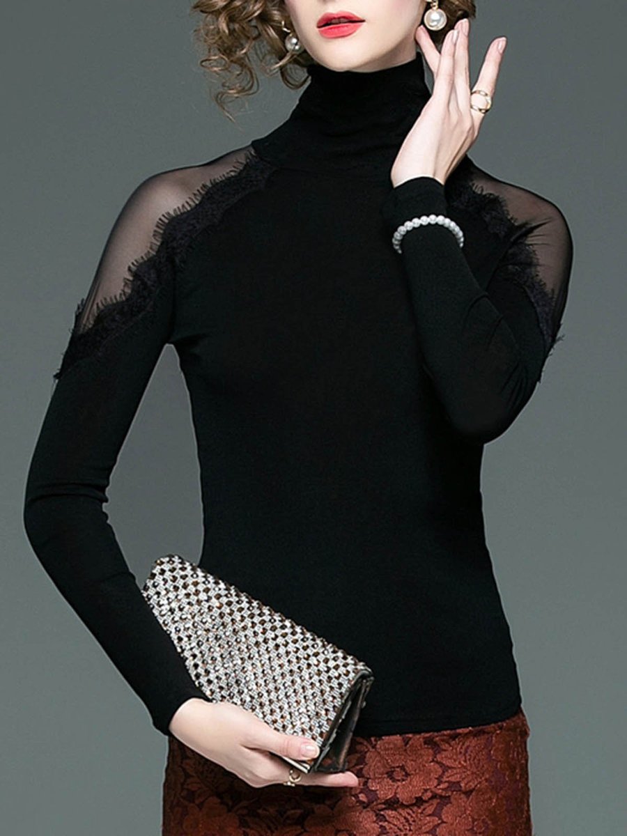 Stylewe Long Sleeve Black Women Tops Polyester Casual Turtleneck ...