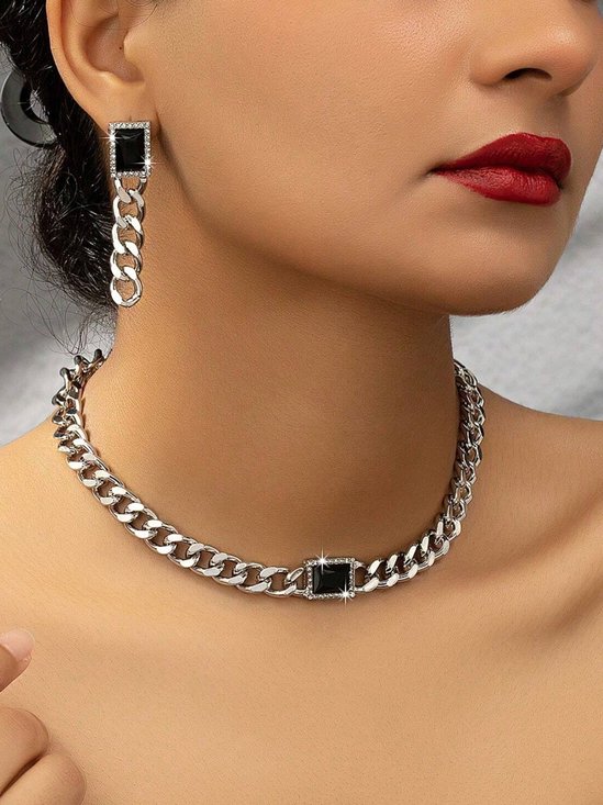 2pcs/set Chain Necklace Rhinestone Dangle Earrings Punk Jewelry Set