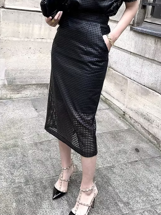 Pu Urban Plain Regular Fit Faux Leather Midi Skirt
