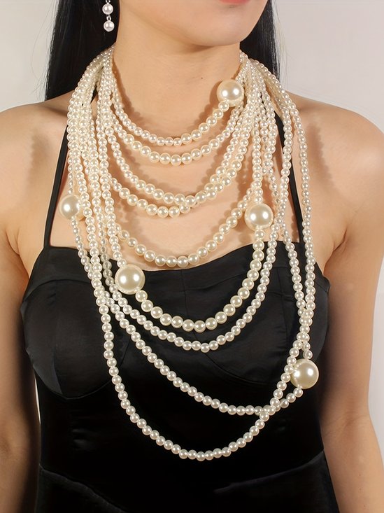 Elegant Jewelry Set Faux Pearl Handmade Beaded Multilayer Necklace And Earrings