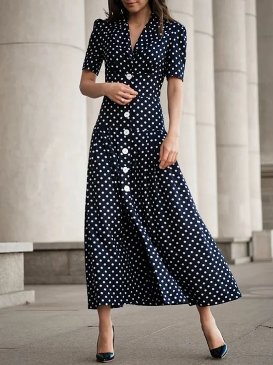 Elegant Regular Fit V Neck Buttoned Polka Dots Dress
