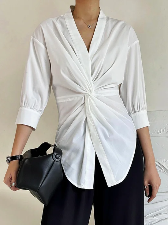 Plain Urban Ruched Knot Front Shirt Collar Blouse